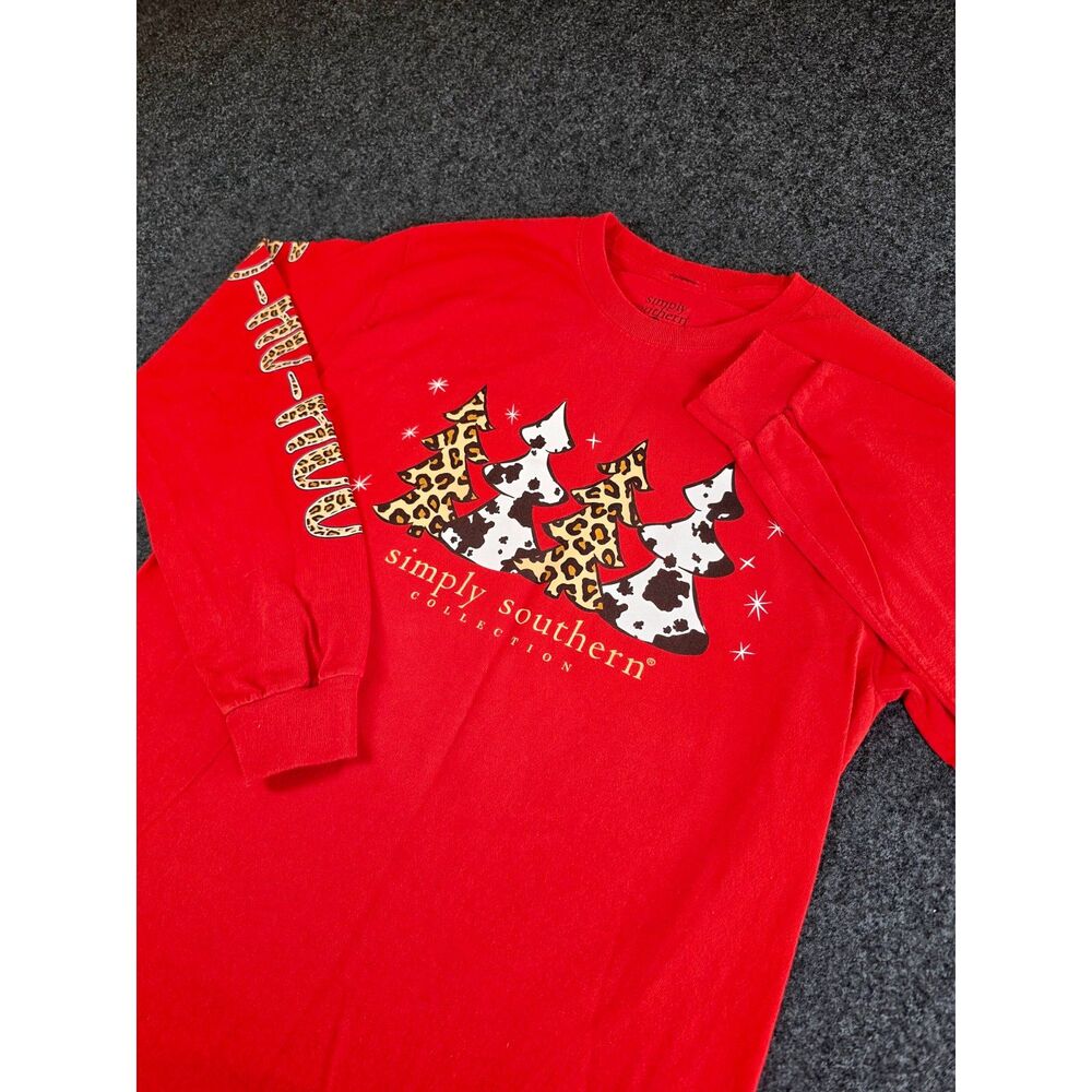 Simply Southern Shirt Women's M Red Christmas Santa Believe Leopard Long Sleeve